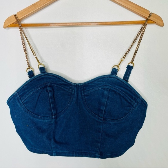 💫 Denim Bustier Gold Chain Crop Top Jean Bralette - Picture 2 of 7